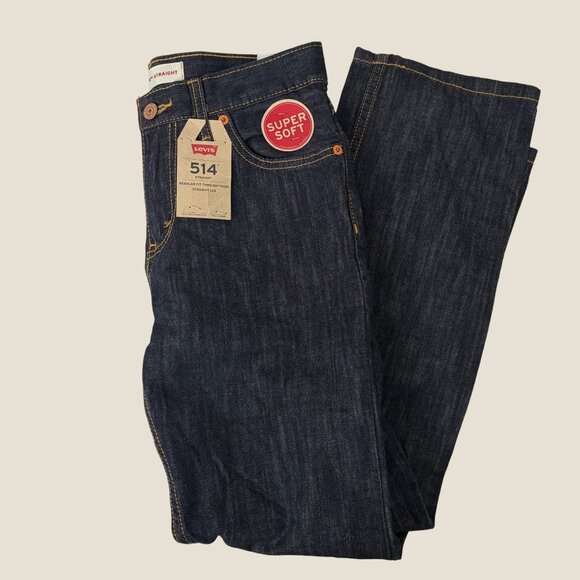 NWT Levis 514 Boys Size 14 Regular Stretch Dark Wash Jeans Straight Fit - Picture 1 of 5